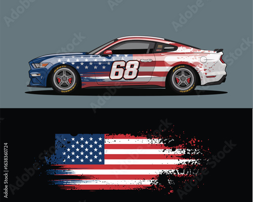 Professional racing car wrap design with American flag livery. Grunge style vector graphic for vehicle branding and decals.