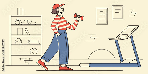 Stylish woman works out at home gym with dumbbells and treadmill vector