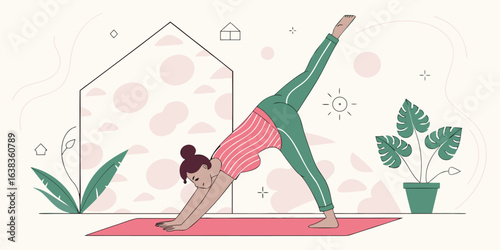 Graceful woman practicing yoga pose at home for fitness and well-being