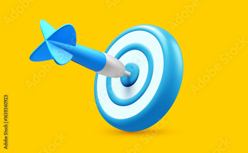 Vector realistic illustration of blue color goal accurate target with arrow. 3d cartoon style design of business dart target icon with big blue arrow. Success finance marketing strategy