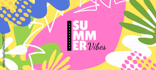 Vector creative summer illustration. Geometric seasonal background with abstract shape. Flat cartoon style retro color design of template with summer text. Tropical leaves and spot
