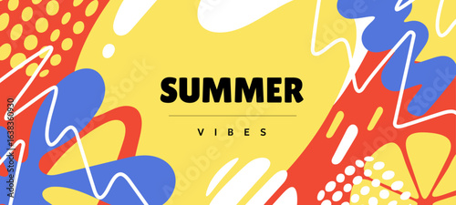 Vector creative summer illustration. Geometric template with abstract shape and tropical leaves. Flat seasonal cartoon style design of background with summer text