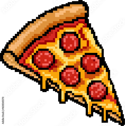 A pixelated image of a single slice of pepperoni pizza with melted cheese and a crispy crust.