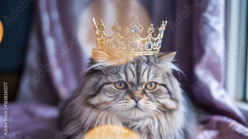 Regal Persian Cat with Jeweled Crown Posing on Lavender Silk Fabric