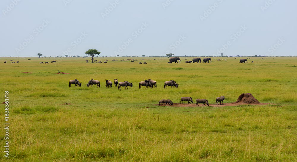 Wildlife in savanna landscapes, presenting a unique perspective of diverse African fauna inhabiting a vast plain covered with lush green grass under a clear sky, offering serenity and wilderness Wildlife in savanna landscapes, presenting a unique perspective of diverse African fauna inhabiting a vast plain covered with lush green grass under a clear sky, offering serenity and wilderness