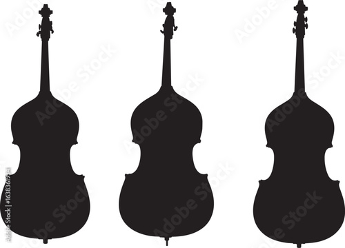 Three upright bass instruments in a row silhouette