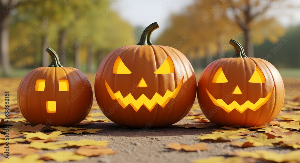 Fototapeta premium Three halloween pumpkins with carved faces sitting on a ground covered in autumn leaves in an outdoor setting