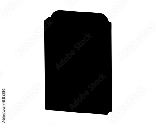 Black silhouette of an ornate headstone or plaque set against white background