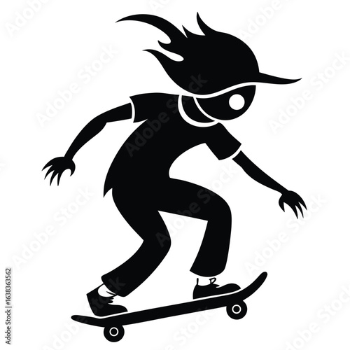 Silhouette of a Skateboarder Performing a Trick Intense Black and White Illustration of a Young Athlete in Action Sports