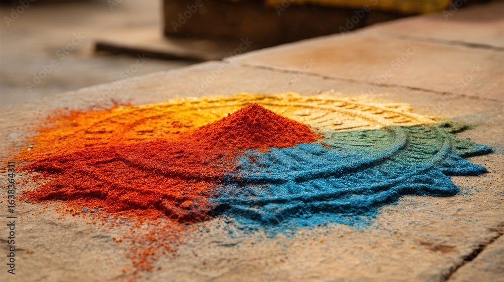 Fototapeta premium a bright multicolored powder for drawing mandalas on the ground india hampi no logos no brands ar 169