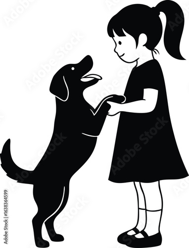 Adorable black and white illustration of a girl and her playful dog smiling happily