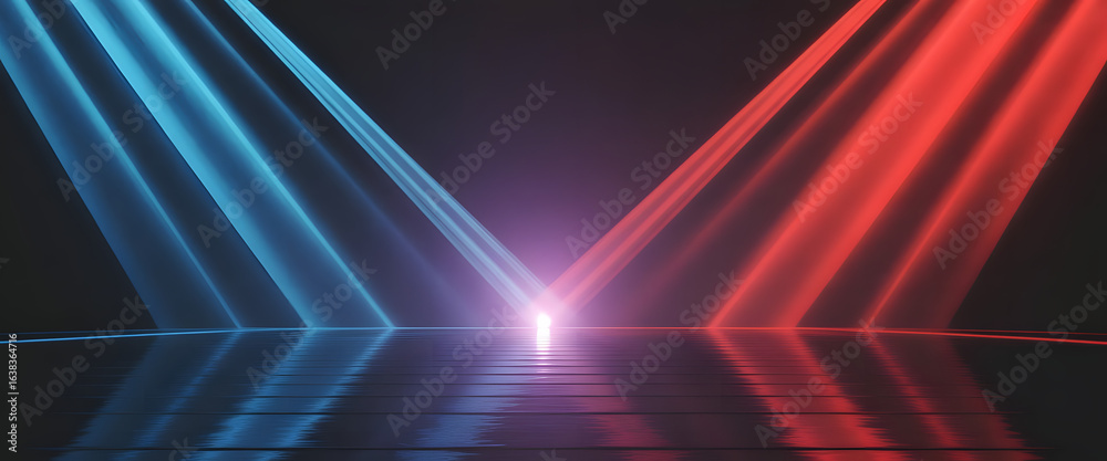 Obraz premium Dual Beam Spectrum: An illuminating abstract scene showcasing vibrant red and blue light rays converging from opposite directions, crafting a visually dynamic composition.