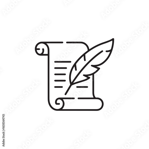 Minimalist line art of a quill pen writing on a rolled parchment scroll symbolizing literature writing or poetry
