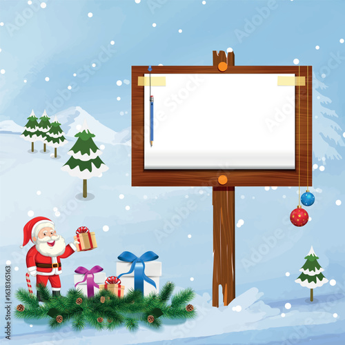 Christmas Sign, Blank Christmas winter sign, An illustration of a Christmas post template, snow flakes Christmas baubles, Featuring a Santa's hat, Santa Claus nice billboard for you message.
