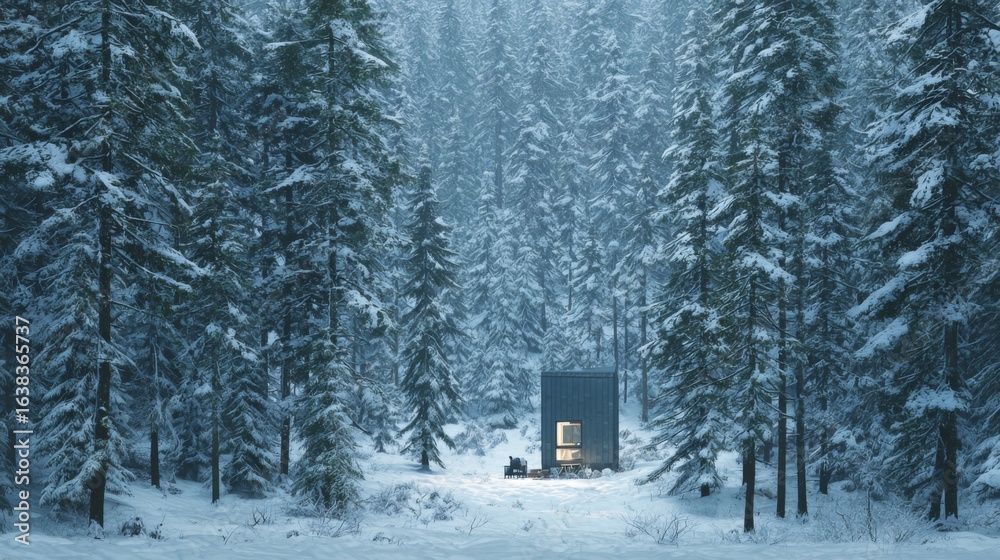 Naklejka premium Cozy Digital Detox Cabin Nestled Amidst Snowy Pine Forest Under a Tranquil Winter Sky