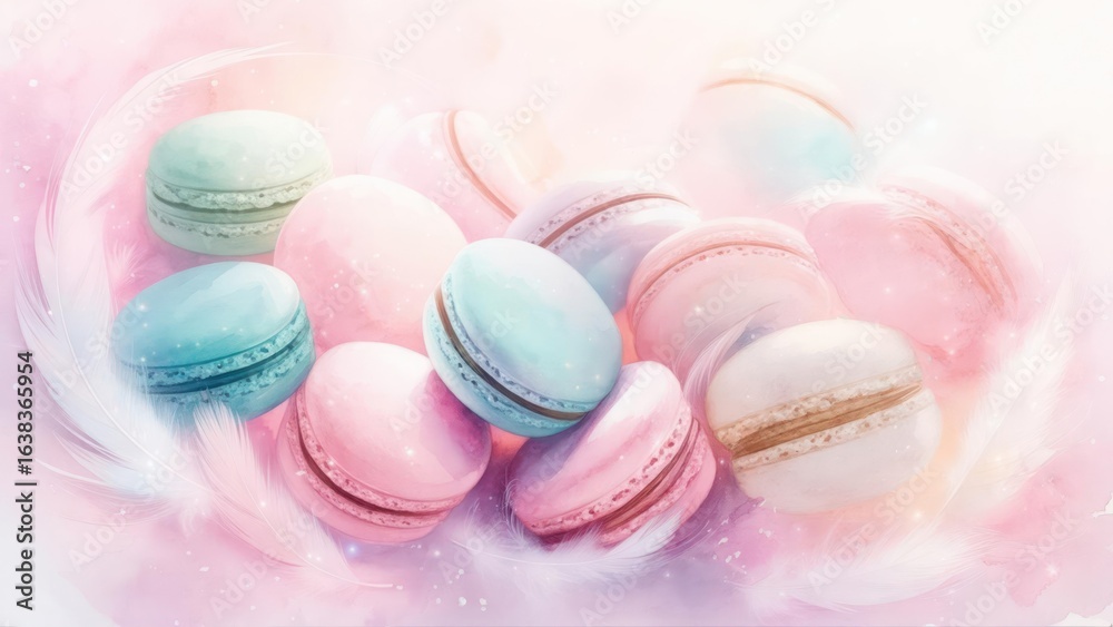 Fototapeta premium Dreamy Watercolor Illustration of Pastel Macarons on a Bed of Soft Feathers