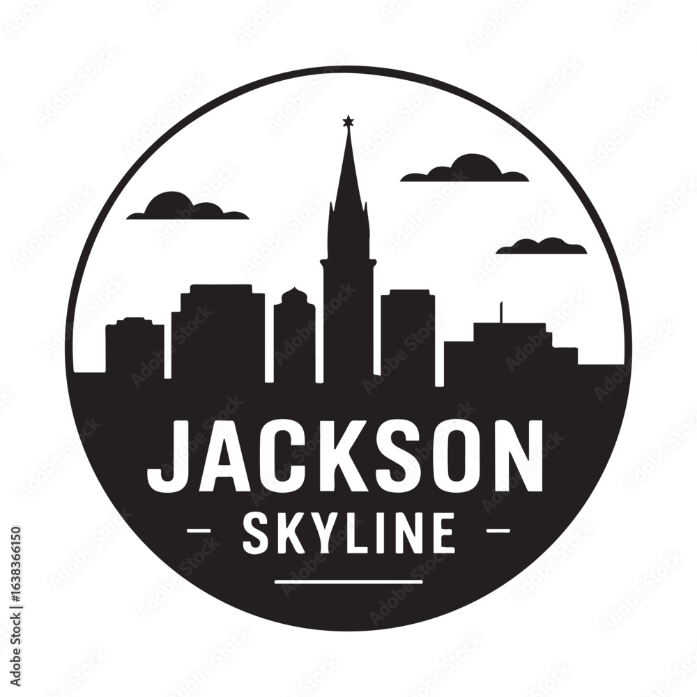 Obraz premium Jackson skyline. Circular style. Stock vector illustration. Vector black silhouette. with white background.
