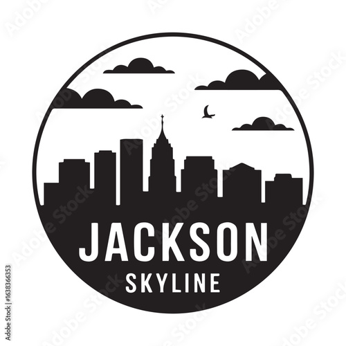 Jackson skyline. Circular style. Stock vector illustration. Vector black silhouette. with white background.