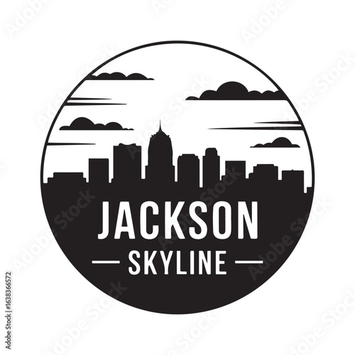Jackson skyline. Circular style. Stock vector illustration. Vector black silhouette. with white background.