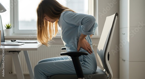 A tired young woman feeling sharp back pain, holding her sore lower back while sitting in a chair at an office desk due to poor posture.