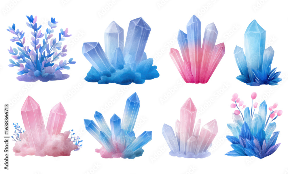 Fototapeta premium A collection of vibrant crystals in varying shapes and colors, showcasing shades of blue, pink, and purple, with some accompanied by delicate floral elements.