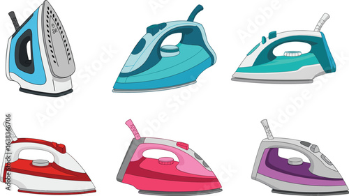 Collection of Electric Steam Irons in Various Colors, Household Appliance Set, Ironing Equipment for Clothes, Home Tool, Flat Vector CAD Drawing Illustration Design