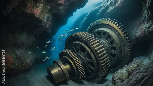 Bronze gears in underwater canyon background