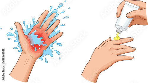 First Aid Burn Treatment Illustration, Washing Burn with Water and Applying Ointment, Hand Injury Care, Medical Emergency Procedure, Vector Flat Design, CAD Drawing Style