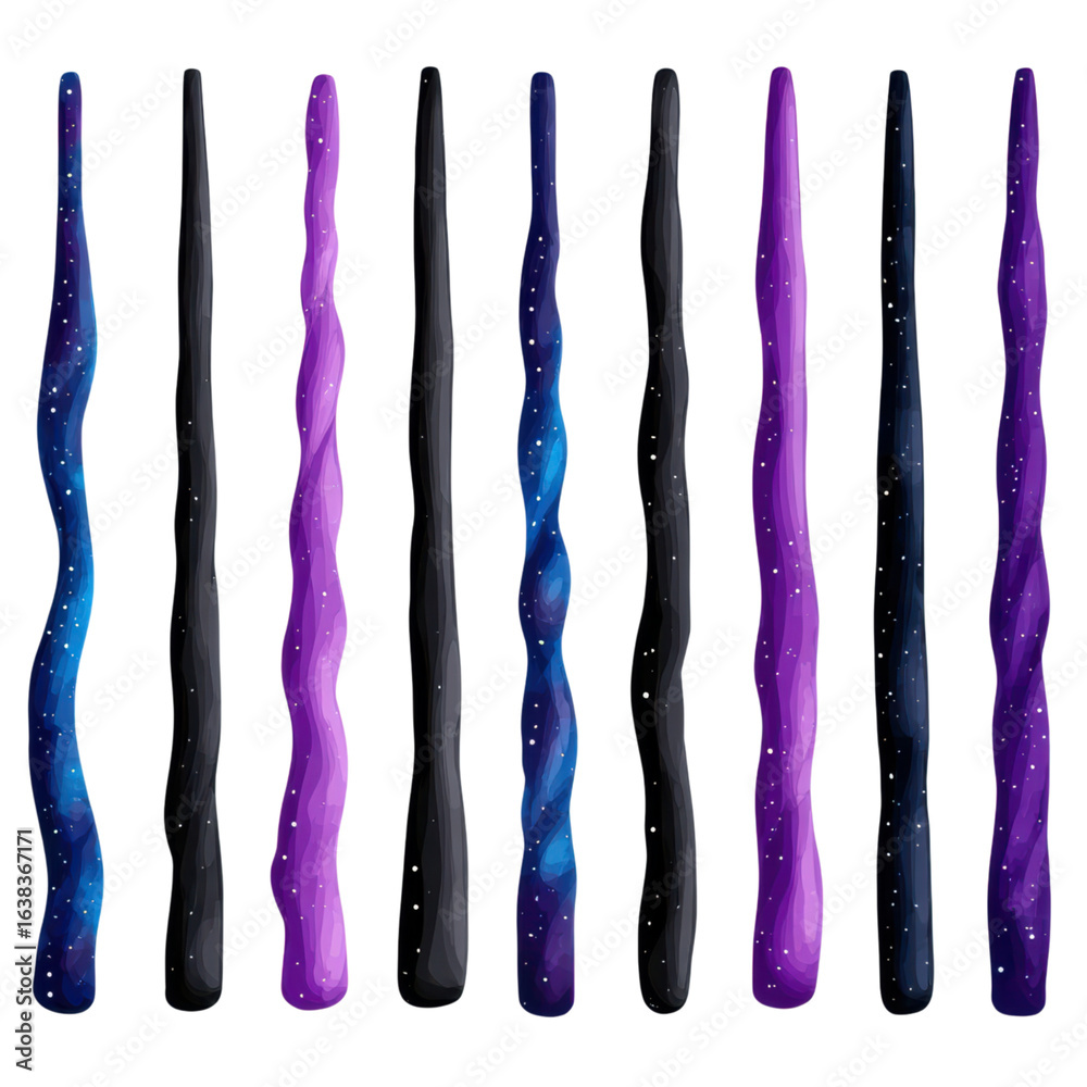 Fototapeta premium Colorful, spiraled wand-like objects featuring cosmic designs and star patterns.