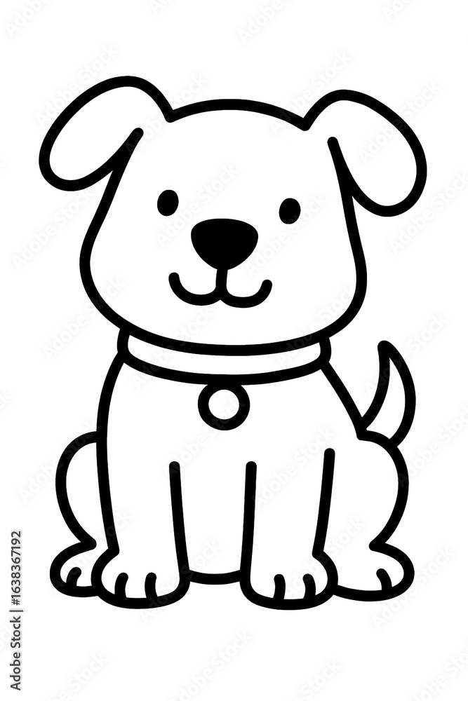 Fototapeta premium Cute dog line art illustration, black and white cartoon puppy with collar in kawaii style, simple pet outline drawing for kids coloring books and educational materials
