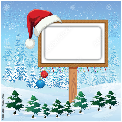 Christmas Sign, Blank Christmas winter sign, An illustration of a Christmas post template, snow flakes Christmas baubles, Featuring a Santa's hat, Santa Claus nice billboard for you message.