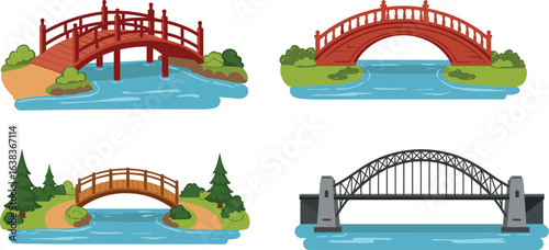 Set of flat vector bridges over water, including wooden, stone and steel structures, colorful cartoon illustrations perfect for architecture, landscape, travel, and educational design