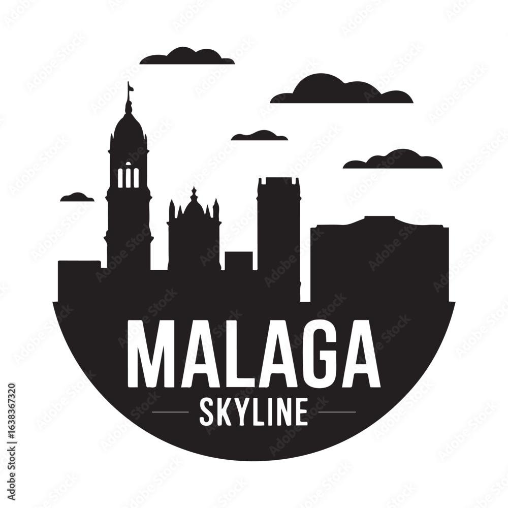 Fototapeta premium Malaga skyline. Circular style. Stock vector illustration. Vector black silhouette. with white background.