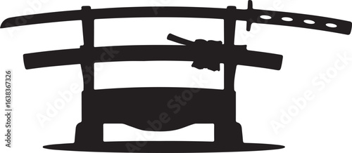 Black Silhouette of Katana Displayed on Wooden Sword Stand Isolated on White Background