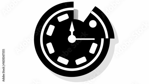 A stylized black and white clock face with missing segments showing time with hour and minute hands silhouette