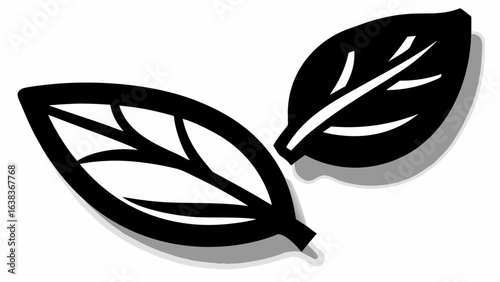 Two stylized leaves with prominent veins and soft shadows creating a three dimensional effect design silhouette