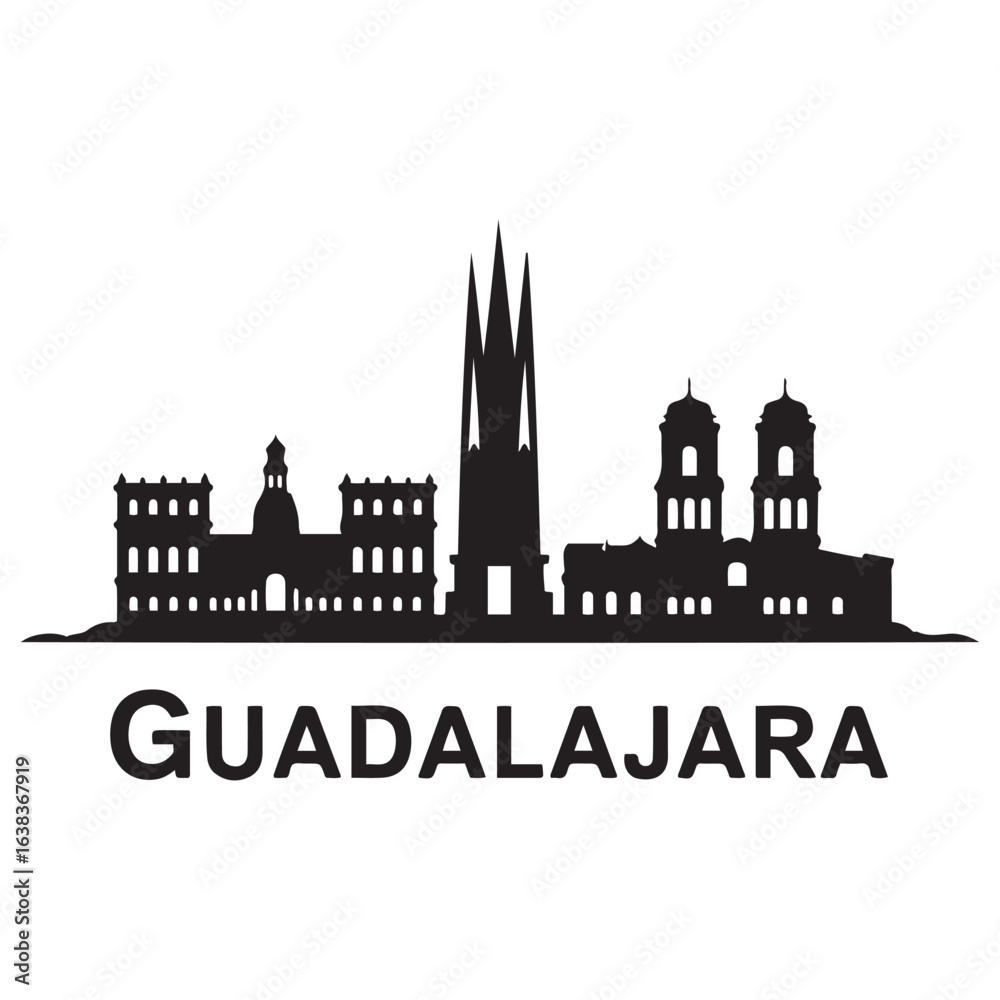 Obraz premium Vector Guadalajara skyline. Travel Guadalajara famous landmarks. Business and tourism concept for presentation, banner, web site. Vector black silhouette. with white background.