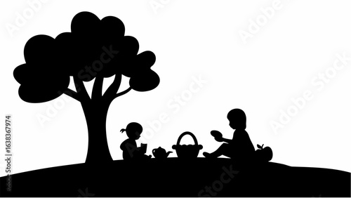 Silhouette of two children having a picnic under a tree with a basket and teapot in black and white | editable eps vectors