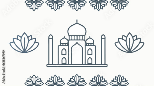 Illustration of taj mahal with lotus flowers above and below the building in a symmetrical pattern | editable eps vectors silhouette