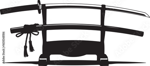 Black Silhouette of Katana Displayed on Wooden Sword Stand Isolated on White Background