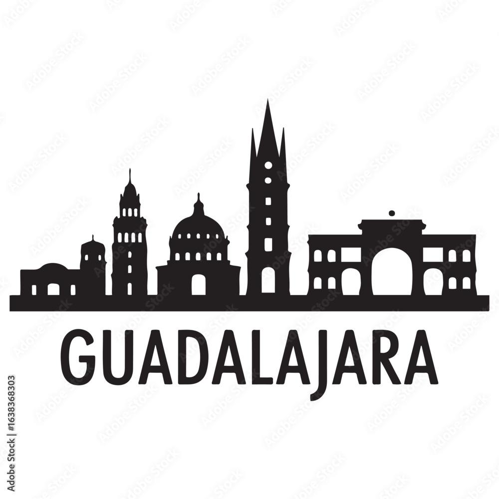 Obraz premium Vector Guadalajara skyline. Travel Guadalajara famous landmarks. Business and tourism concept for presentation, banner, web site. Vector black silhouette. with white background.