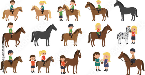 Children riding horses and playing with animals cartoon illustration, horse riding activity, zebra petting, fun and interactive animal themed vector set