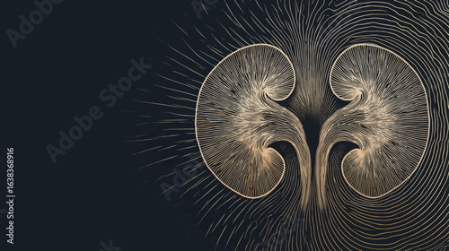 Abstract Vector Illustration of Glowing Golden Linework Kidneys for Medical and Health Education Concepts.