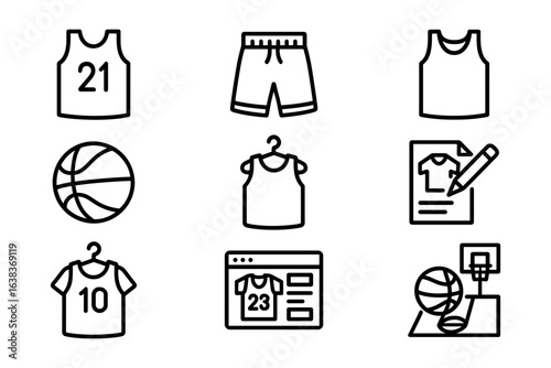 Basketball icon set: essentials in minimal line art for sports design