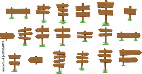 Cartoon wooden signboard collection for game UI, map interface, outdoor guide, or trail marker with grass, arrows, blank boards, and directional signs.