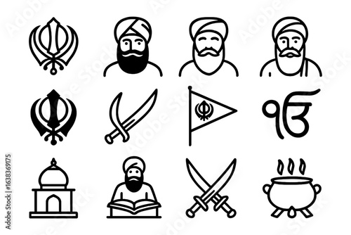 Sikh symbols and icons: turban, khanda, gurdwara, guru in black line style