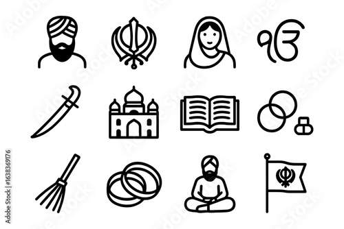 Sikh culture symbols including khanda, kirpan, and turban in simple outline style
