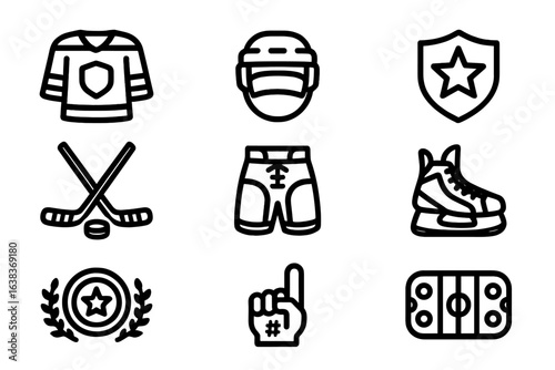 Black and white hockey icons: equipment and symbols collection