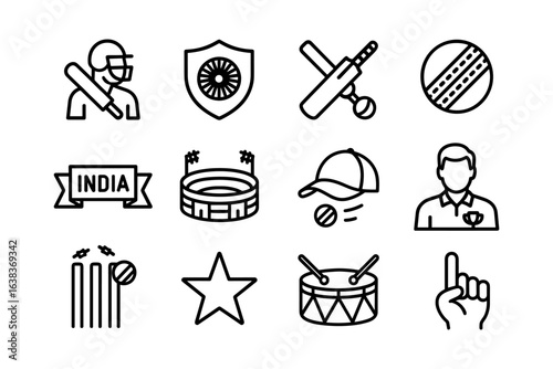 Cricket icons: linear symbols including batsman, shield, ball, stadium, and hat