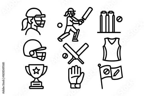 Cricket icons set: batsman, helmets, trophies, and gear in outline style